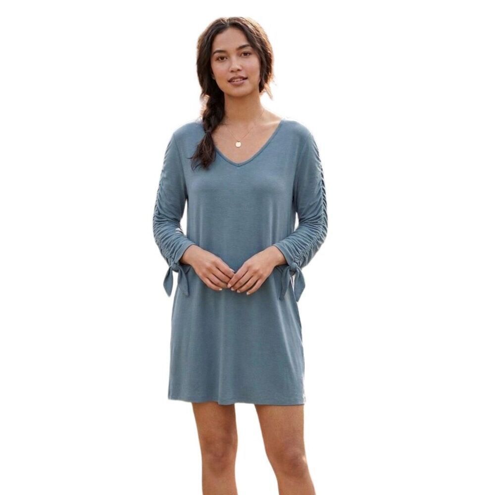 Garnet Hill size L Tencel Lyocell spandex ruched sleeves dress.